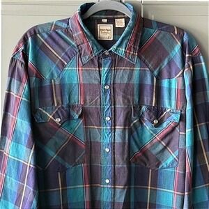 Western Plains Trading Co Vintage Mens Plaid Pearl Snap L/S Shirt,Purple Blue,XL